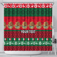 Hanging red Mexico Christmas shower curtain with green geometric stripes and customizable text area