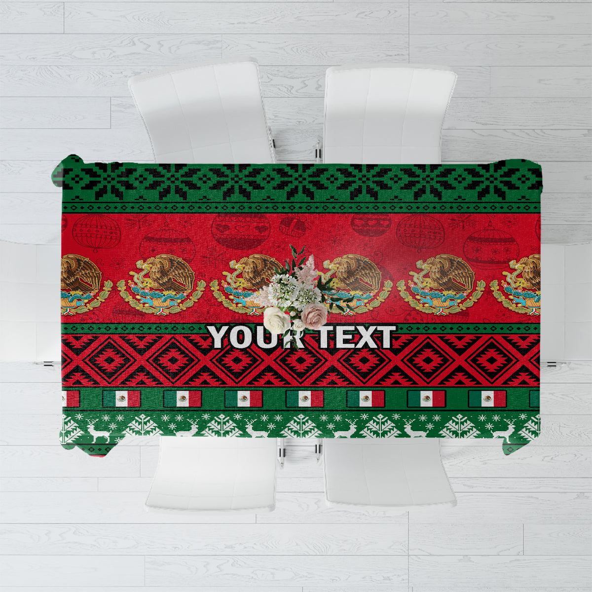 Personalised Christmas tablecloth, red and green Mexican pattern with “YOUR TEXT” panel