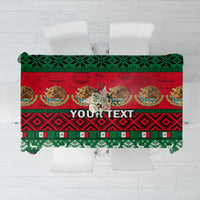 Personalised Christmas tablecloth, red and green Mexican pattern with “YOUR TEXT” panel
