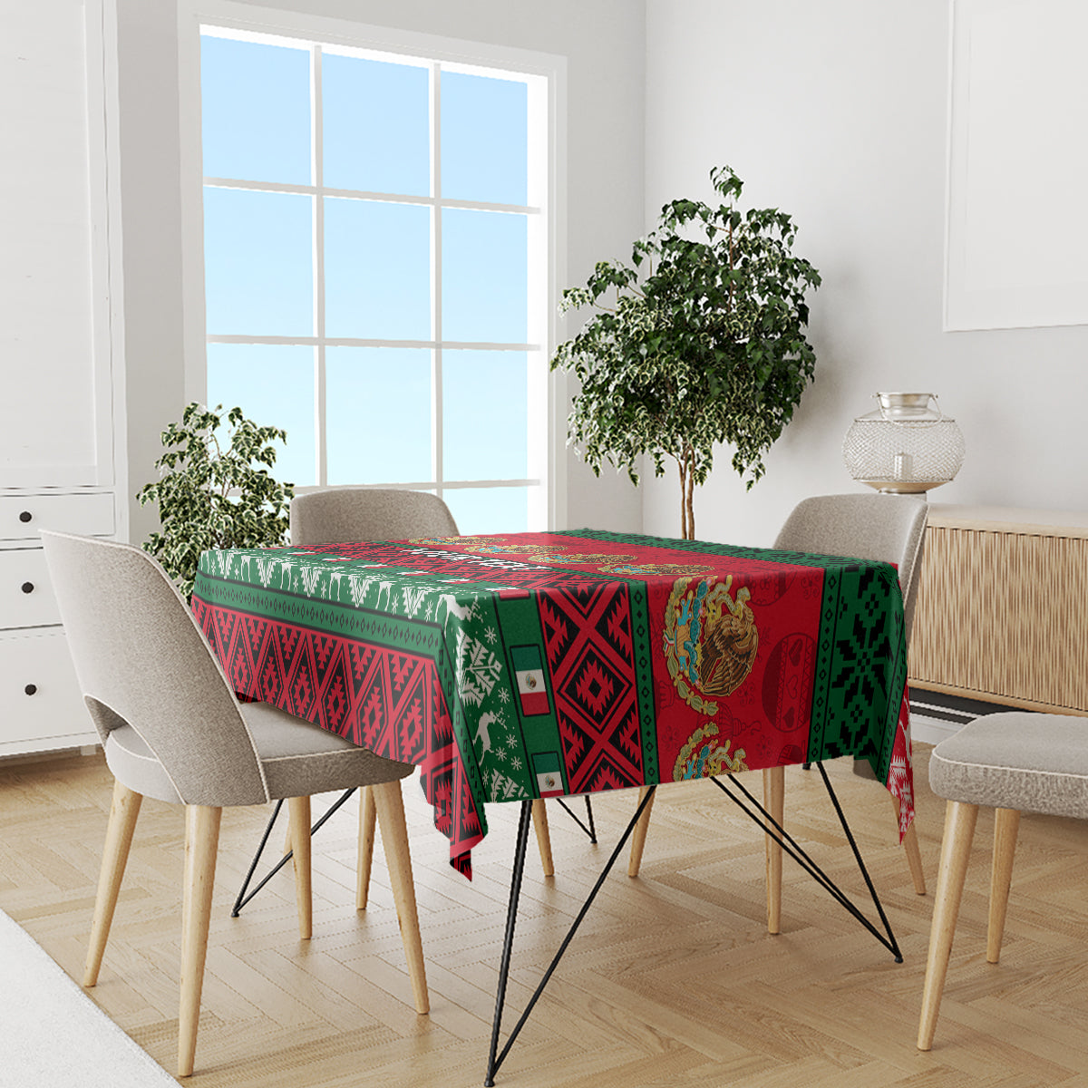 Red and green Mexican Christmas tablecloth on dining set with upholstered chairs