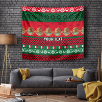 Red and green Mexico-style Christmas wall tapestry with 'YOUR TEXT' and festive borders