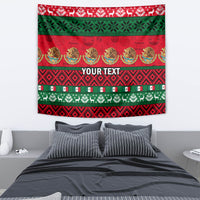 Red and green Mexico-style Christmas tapestry with 'YOUR TEXT' and repeating folk patterns