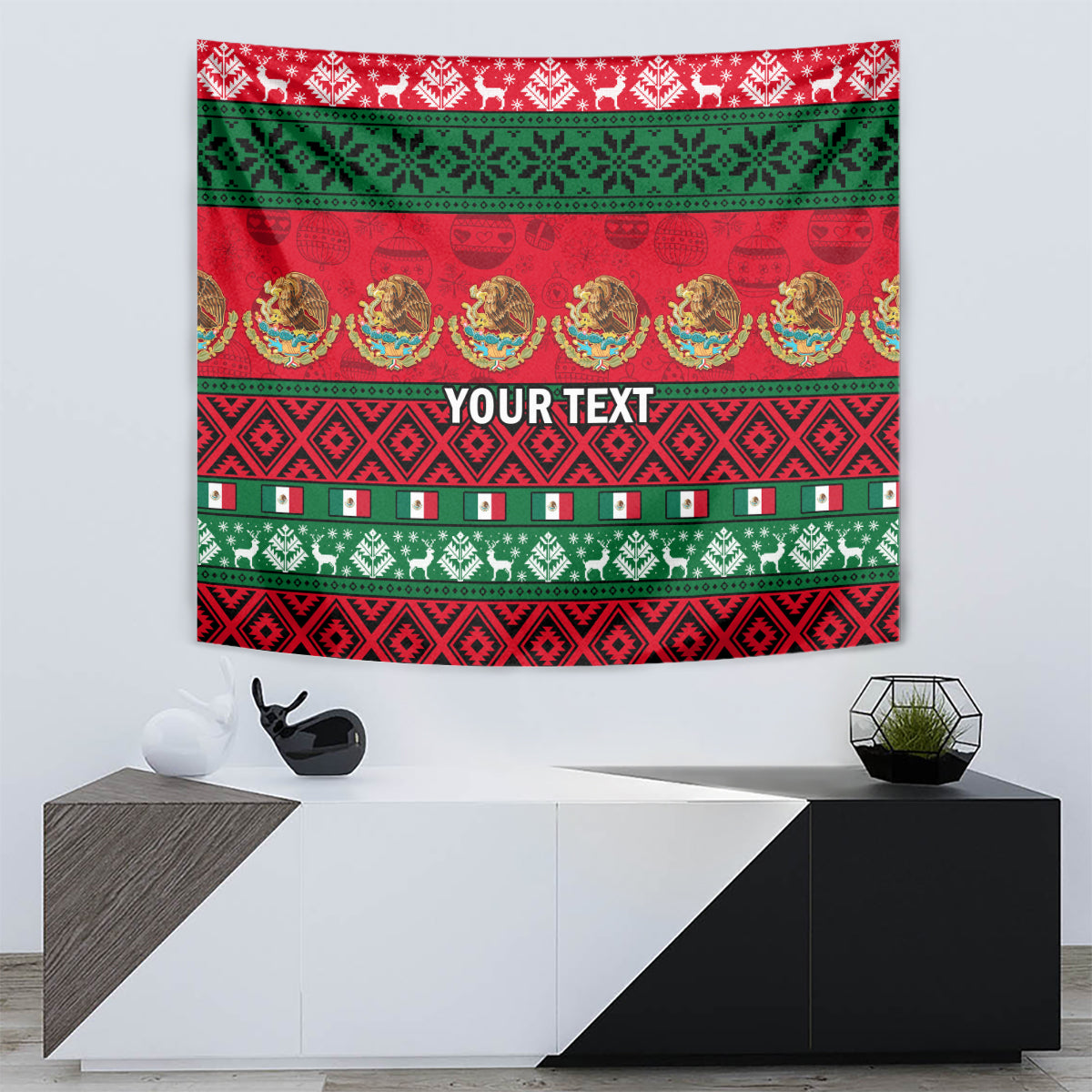 Red and green Mexico-style Christmas wall tapestry with 'YOUR TEXT' and circular medallions