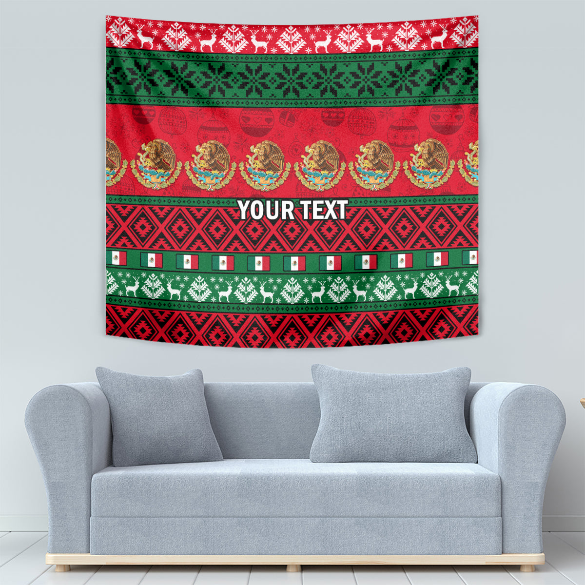 Red and green Mexico-style Christmas wall tapestry with 'YOUR TEXT' and patterned bands