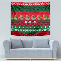 Red and green Mexico-style Christmas wall tapestry with 'YOUR TEXT' and patterned bands