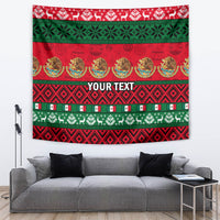 Red and green Christmas wall tapestry with 'YOUR TEXT' and striped festive trim