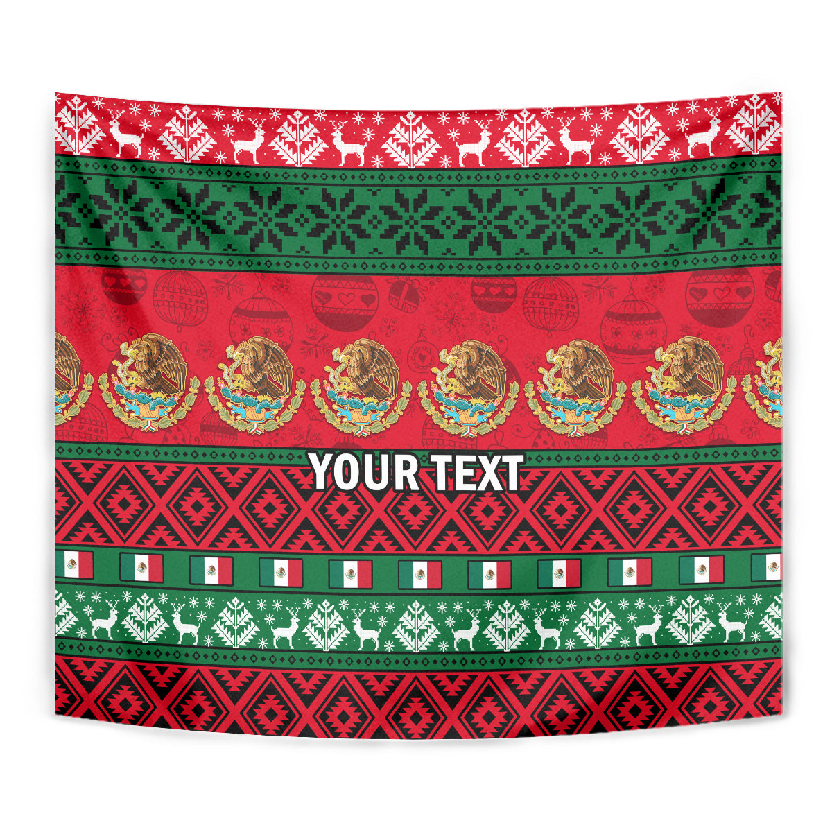 Red and green Christmas tapestry close-up with 'YOUR TEXT' and repeating folk motifs
