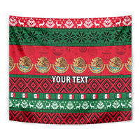 Red and green Christmas tapestry close-up with 'YOUR TEXT' and repeating folk motifs