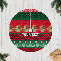 Round Christmas tree skirt with center opening, red and green Mexican pattern and custom text