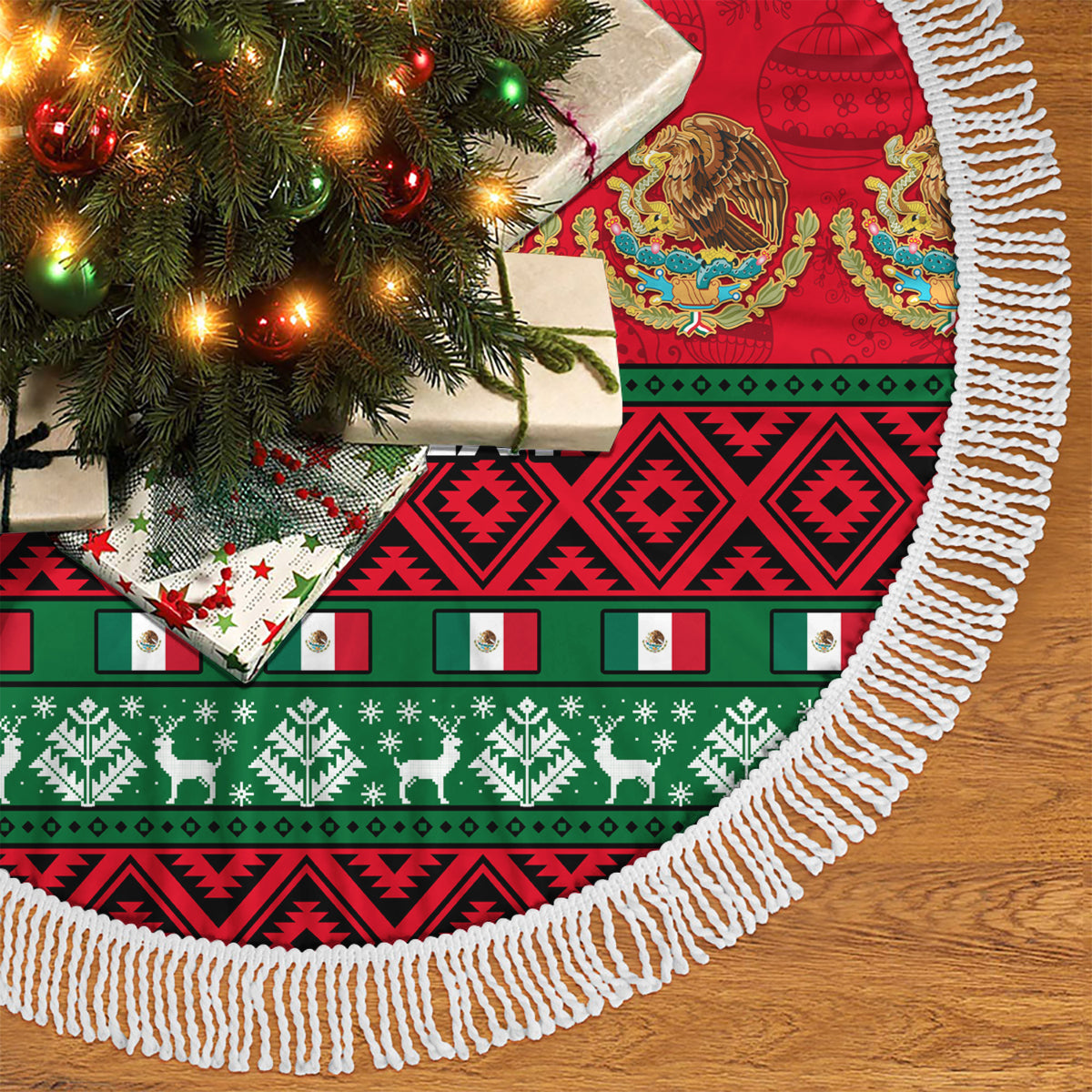 Mexican Christmas tree skirt with white fringe edge, red and green geometric band pattern