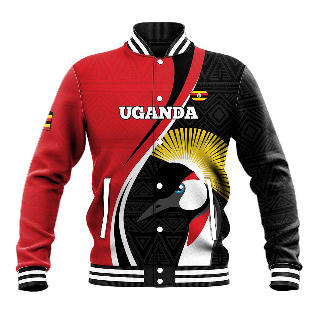 Red and black varsity baseball jacket with striped ribbed collar and Uganda graphic