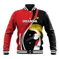 Red and black varsity baseball jacket with striped ribbed collar and Uganda graphic