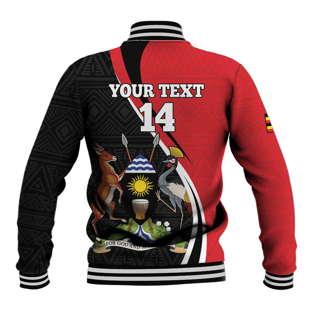 Black and red varsity jacket back with striped rib cuffs, 'YOUR TEXT' and 14