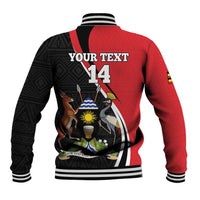 Black and red varsity jacket back with striped rib cuffs, 'YOUR TEXT' and 14