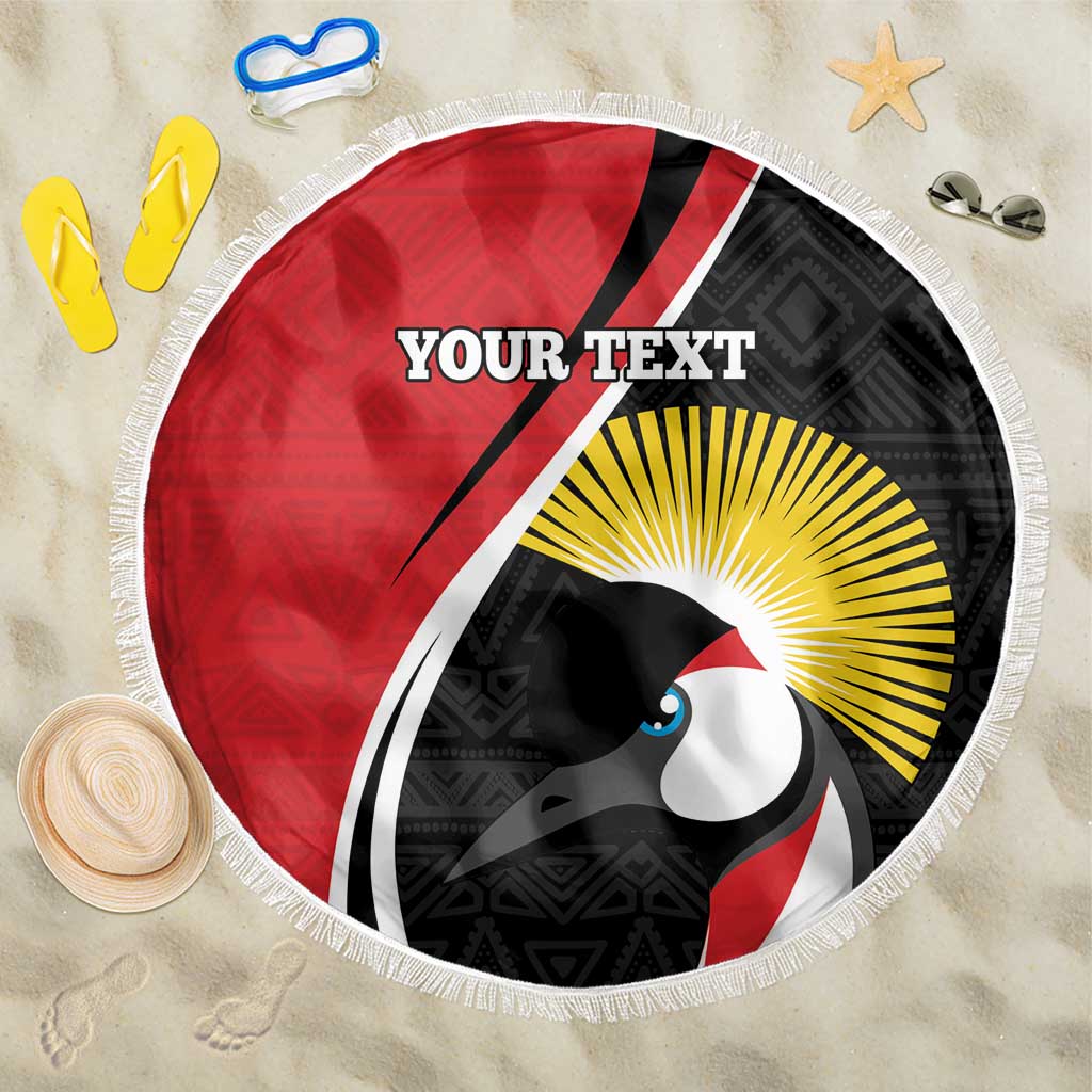 Red round custom beach blanket with toucan graphic and white fringe edge