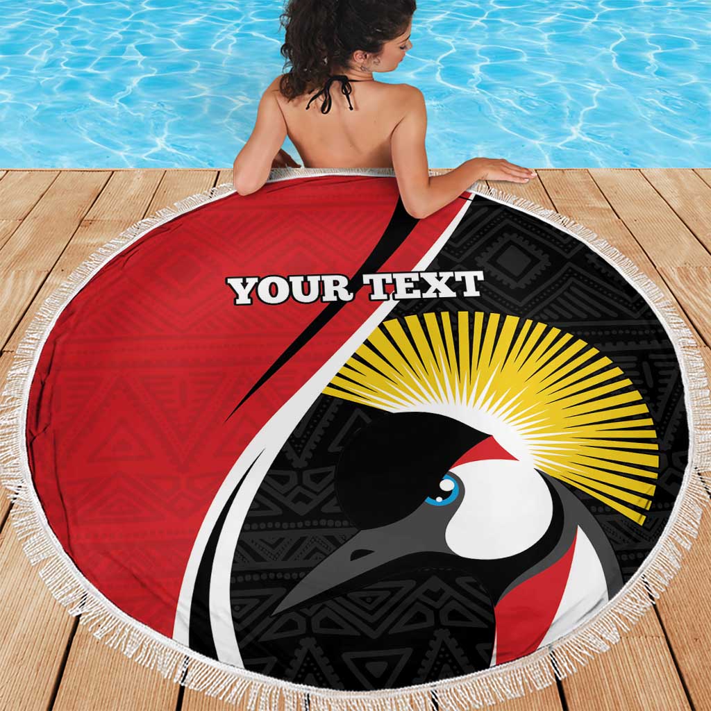 Round custom beach blanket with toucan design, red/black colors, white tassel fringe