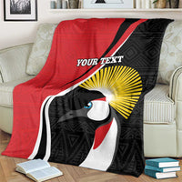 Red and black rugby-themed custom blanket with white mask graphic and yellow sunburst pattern