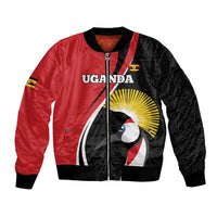 Unisex red and black bomber jacket with front zip, ribbed hem, bird emblem and flag patch