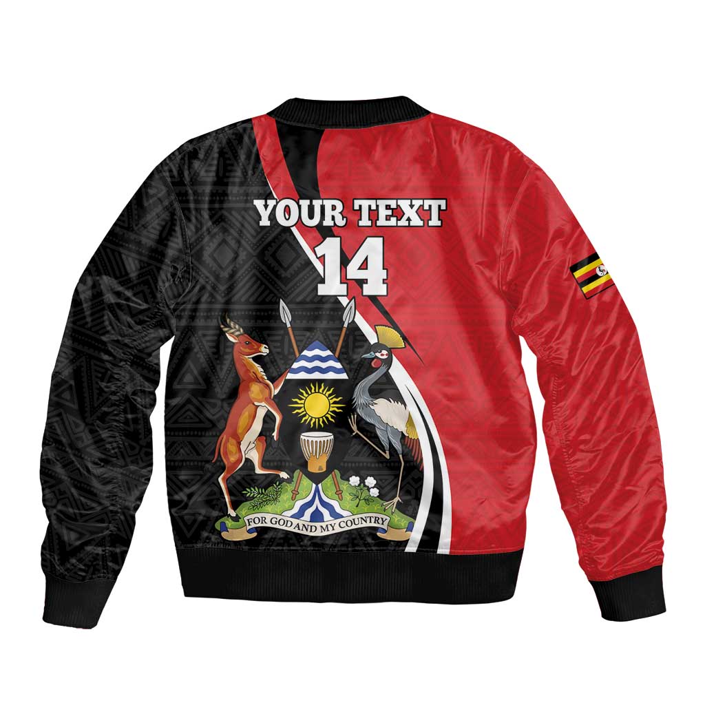 Unisex red and black bomber jacket, back print 'YOUR TEXT 14', ribbed cuffs, flag patch