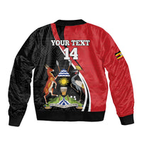 Unisex red and black bomber jacket, back print 'YOUR TEXT 14', ribbed cuffs, flag patch