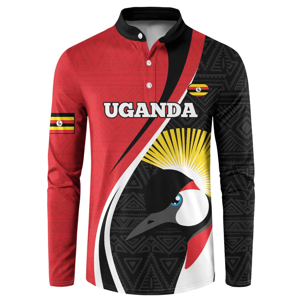 Red and black rugby button sweatshirt with crane sunburst graphic and black collar