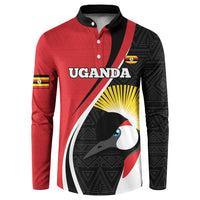 Red and black rugby button sweatshirt with crane sunburst graphic and black collar