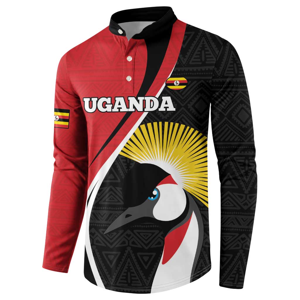 Red and black rugby button sweatshirt with crane sunburst chest print and patterned sleeves