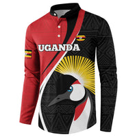 Red and black rugby button sweatshirt with crane sunburst chest print and patterned sleeves