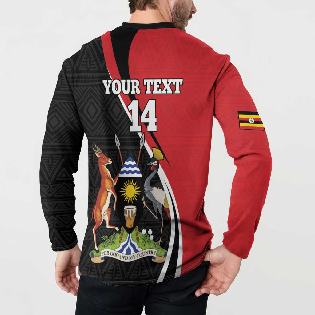 Red and black rugby button sweatshirt back view with 'YOUR TEXT' and '14' trophy wildlife art