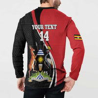 Red and black rugby button sweatshirt back view with 'YOUR TEXT' and '14' trophy wildlife art