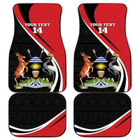 Set of four red and black car floor mats with crane crest and custom 14 text