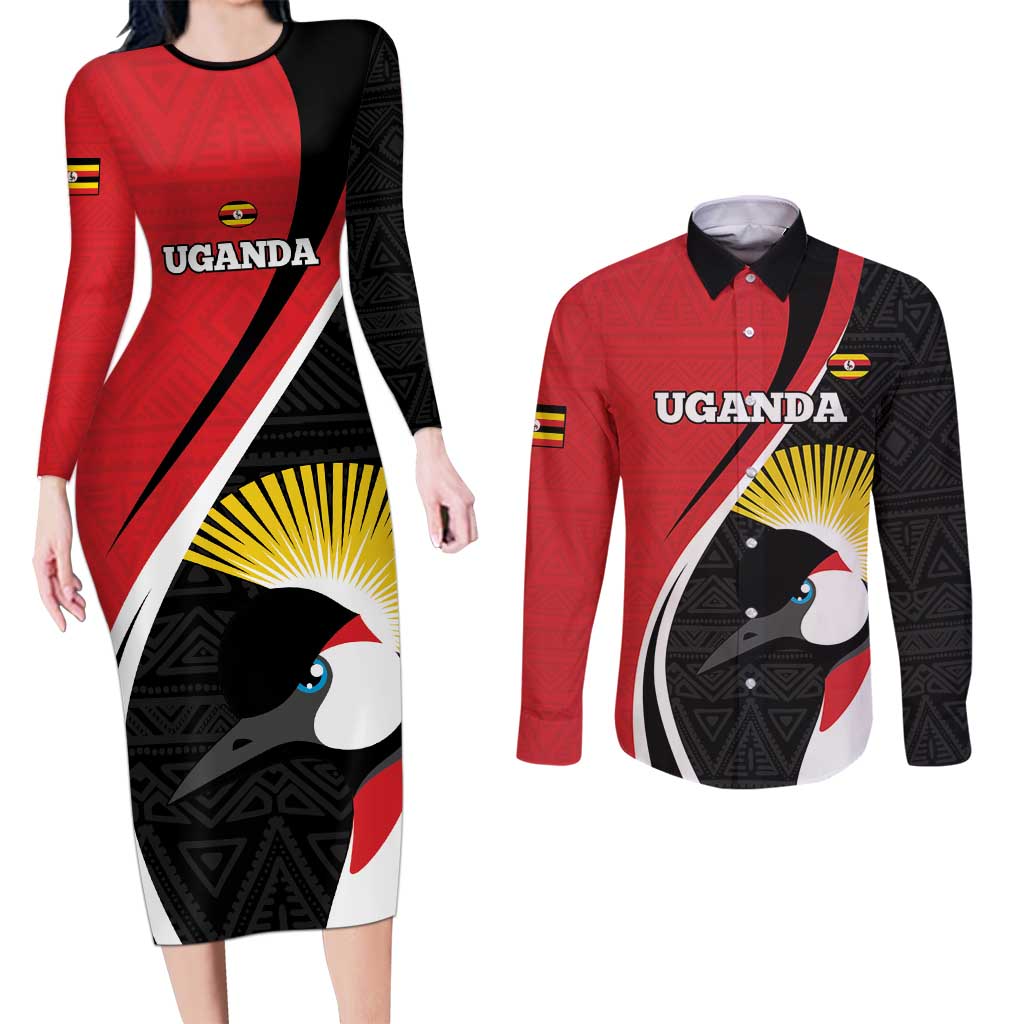 Uganda Rugby Custom Couples Matching Long Sleeve Bodycon Dress and Long Sleeve Button Shirt Go Cranes - African Pattern - Wonder Print Shop