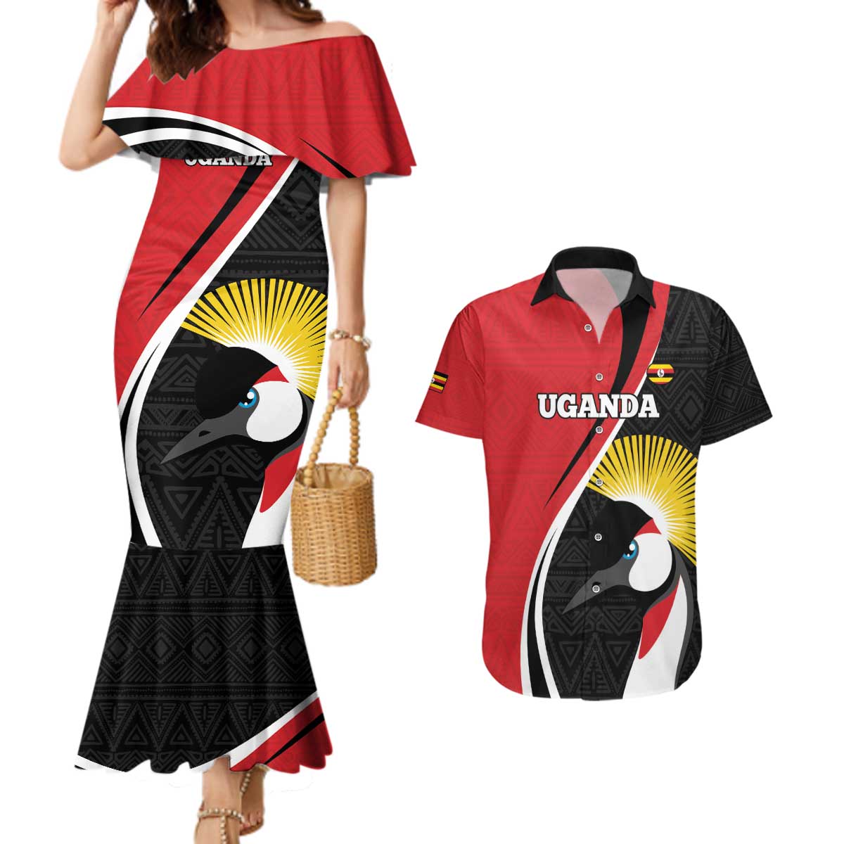 Uganda Rugby Custom Couples Matching Mermaid Dress and Hawaiian Shirt Go Cranes - African Pattern - Wonder Print Shop