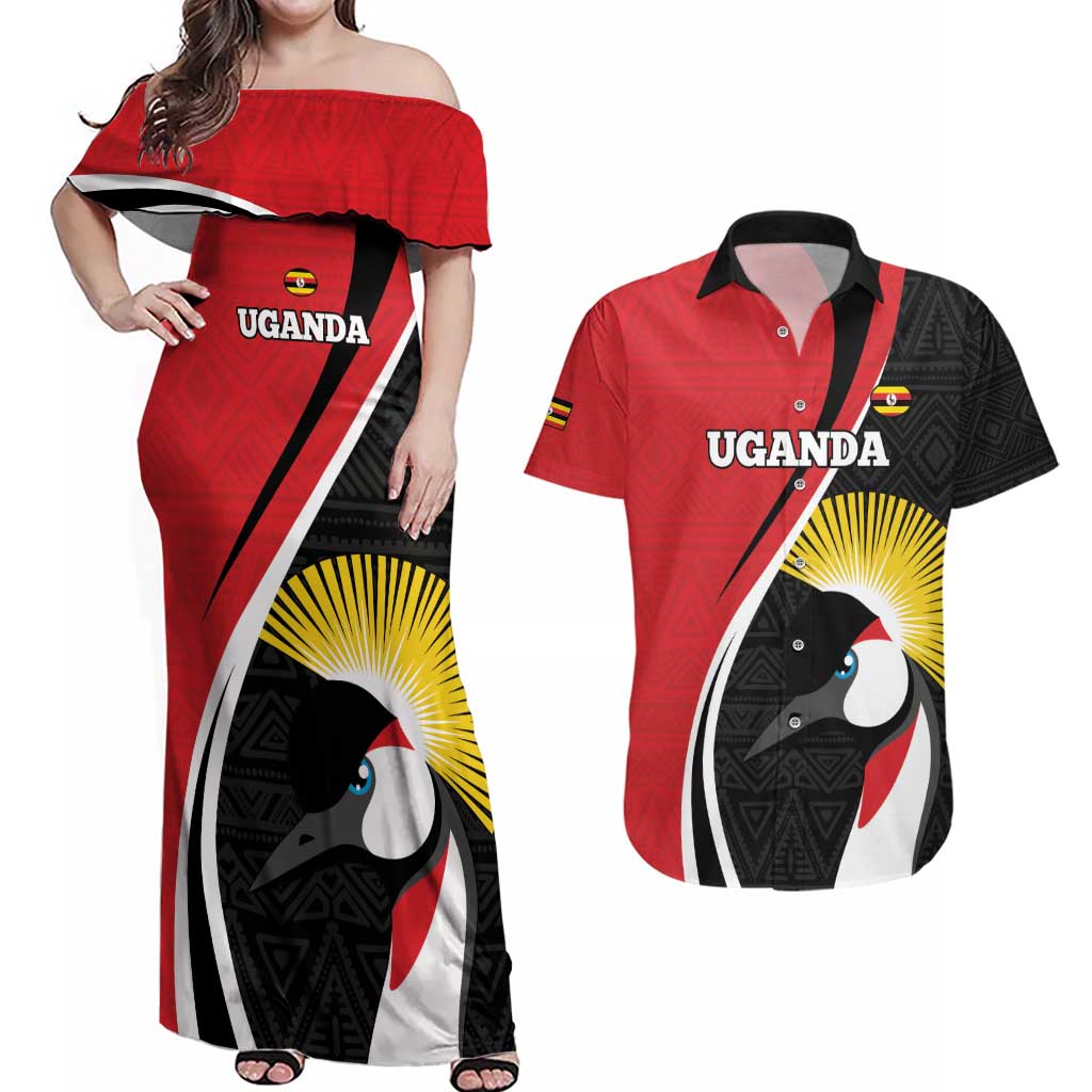 Uganda Rugby Custom Couples Matching Off Shoulder Maxi Dress and Hawaiian Shirt Go Cranes - African Pattern - Wonder Print Shop