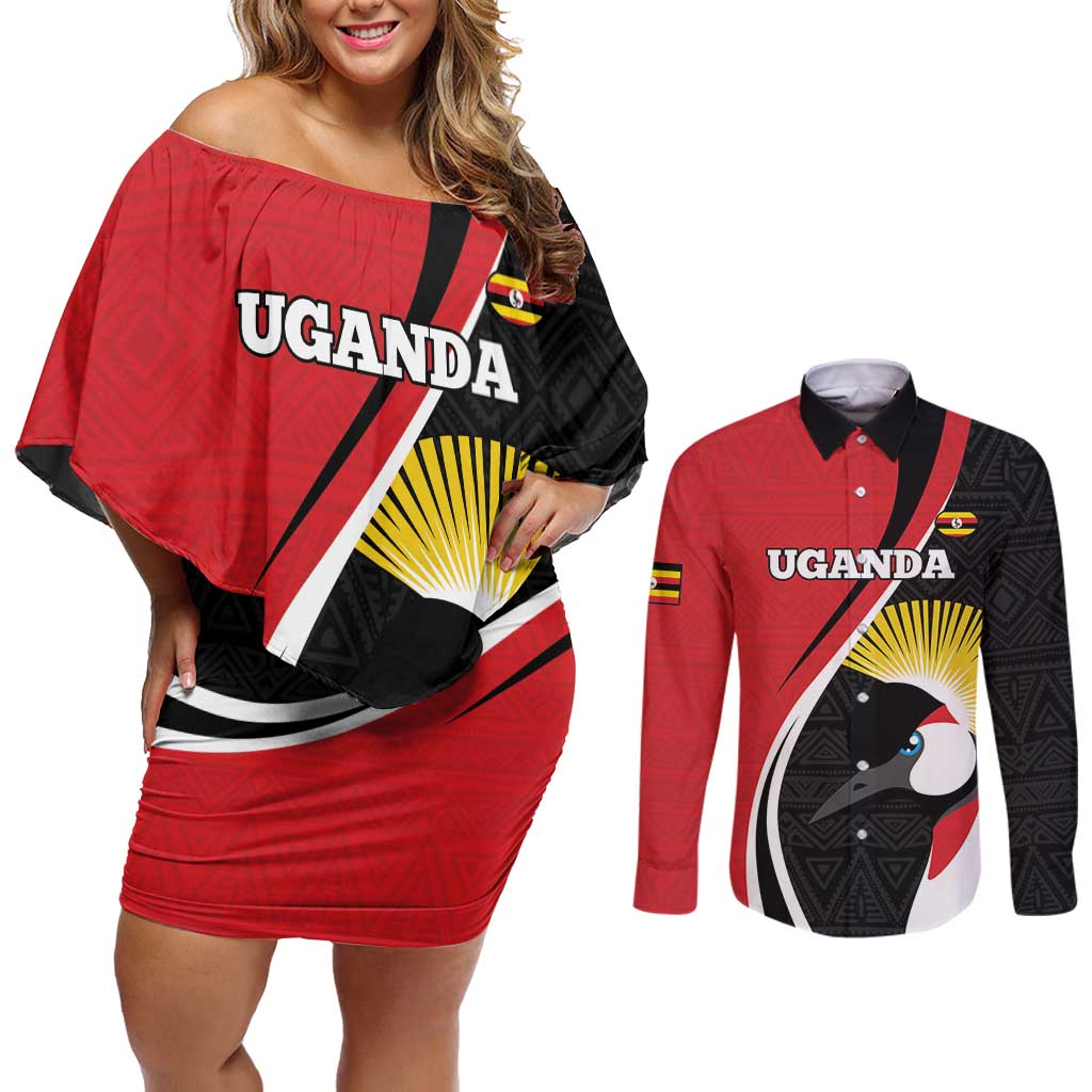 Uganda Rugby Custom Couples Matching Off Shoulder Short Dress and Long Sleeve Button Shirt Go Cranes - African Pattern - Wonder Print Shop