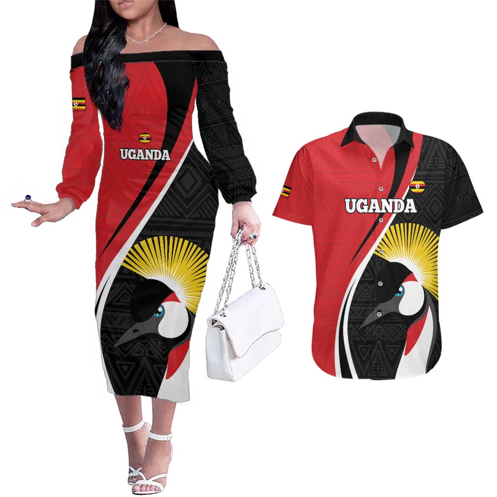 Uganda Rugby Custom Couples Matching Off The Shoulder Long Sleeve Dress and Hawaiian Shirt Go Cranes - African Pattern - Wonder Print Shop