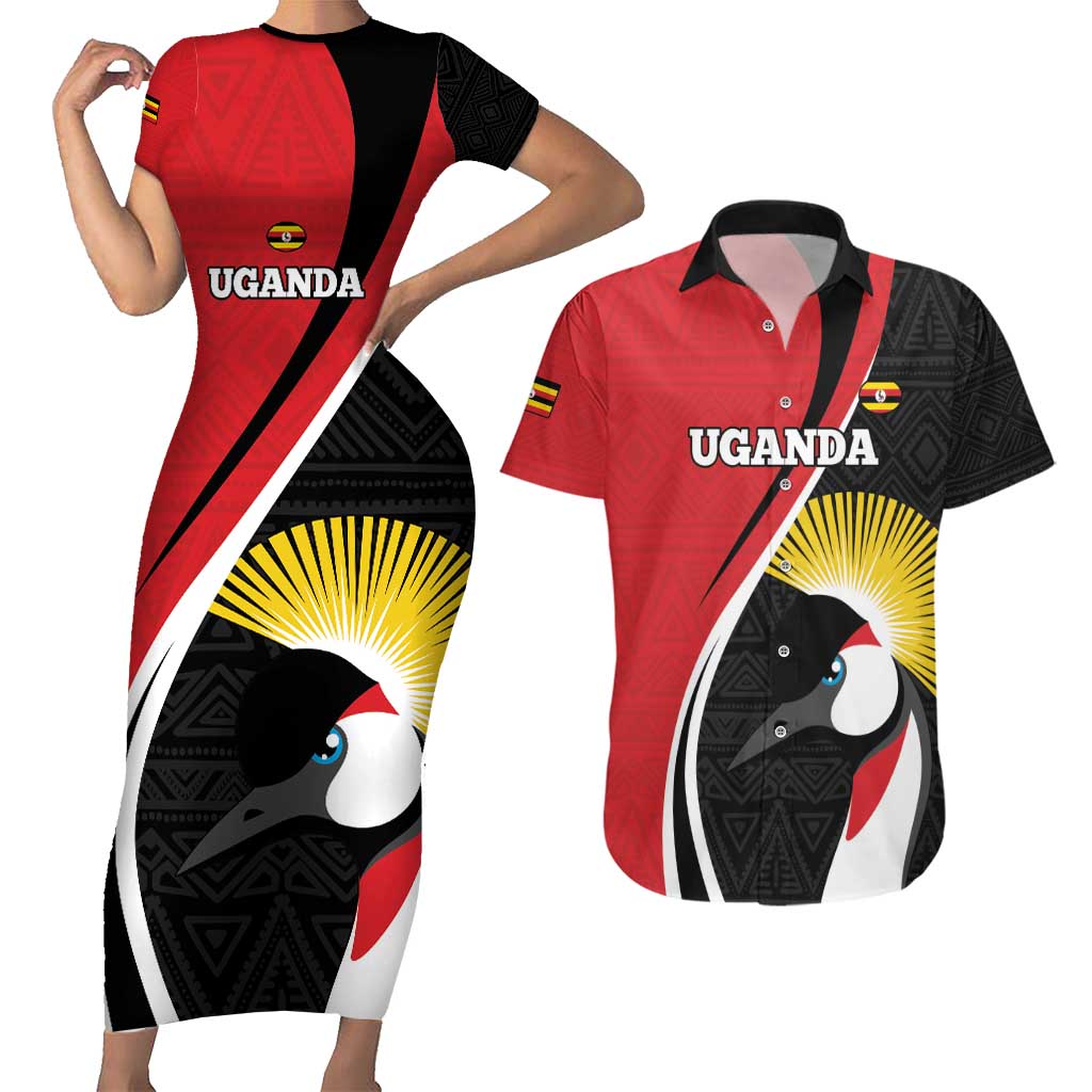 Uganda Rugby Custom Couples Matching Short Sleeve Bodycon Dress and Hawaiian Shirt Go Cranes - African Pattern - Wonder Print Shop