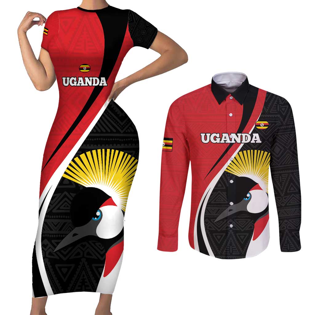 Uganda Rugby Custom Couples Matching Short Sleeve Bodycon Dress and Long Sleeve Button Shirt Go Cranes - African Pattern - Wonder Print Shop