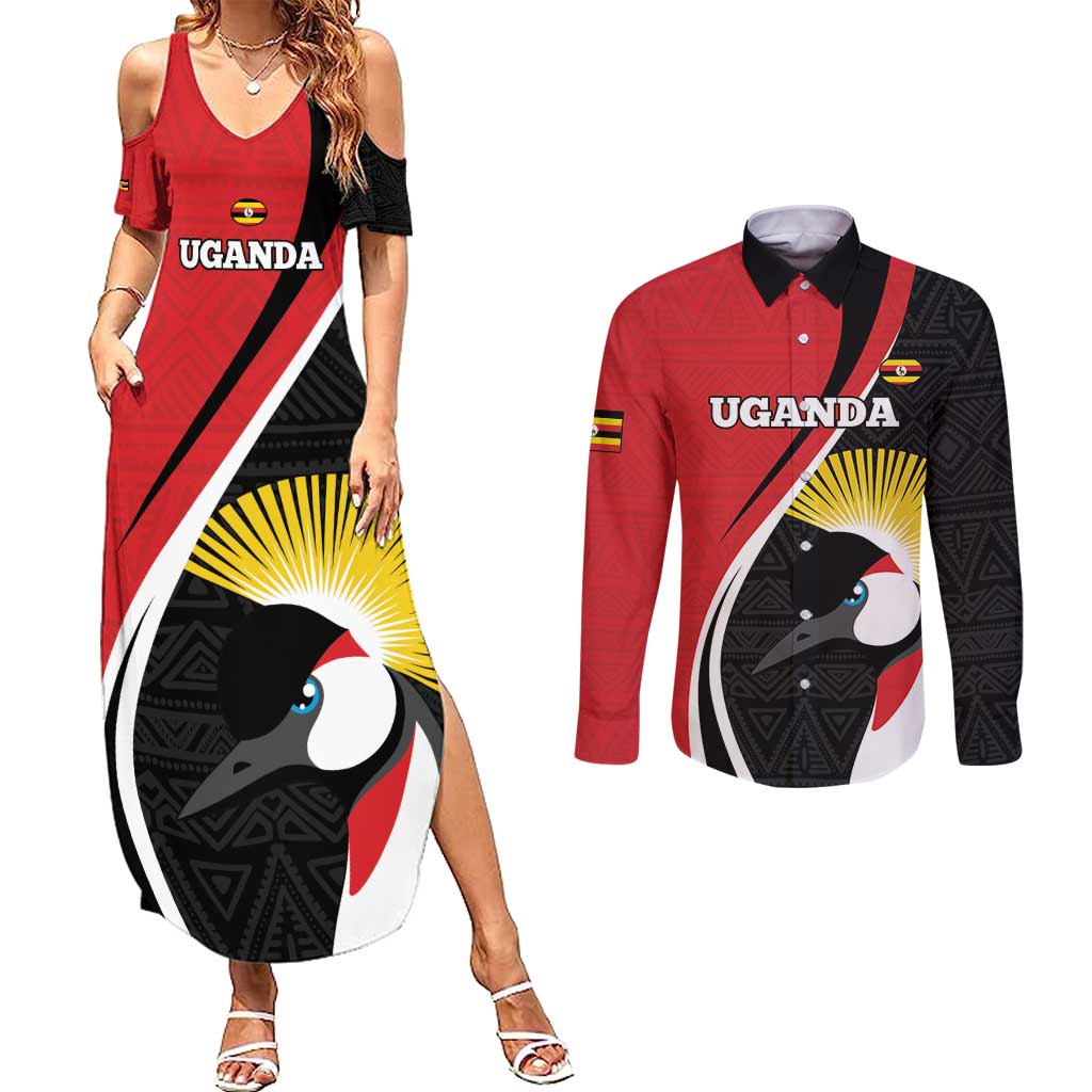 Uganda Rugby Custom Couples Matching Summer Maxi Dress and Long Sleeve Button Shirt Go Cranes - African Pattern - Wonder Print Shop