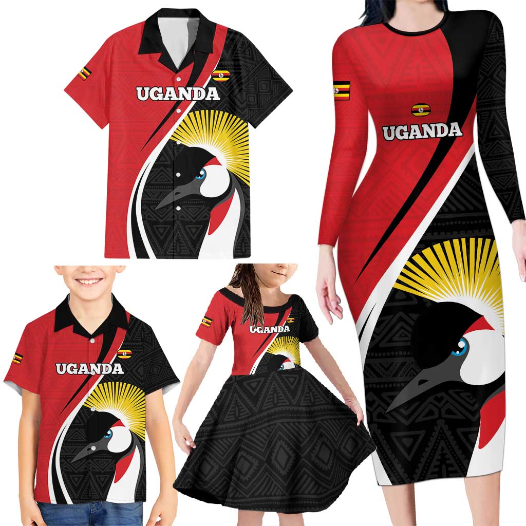 Uganda Rugby Custom Family Matching Long Sleeve Bodycon Dress and Hawaiian Shirt Go Cranes - African Pattern - Wonder Print Shop