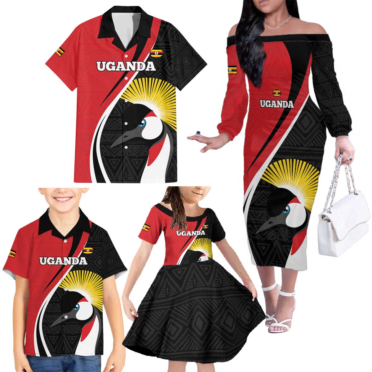 Uganda Rugby Custom Family Matching Off The Shoulder Long Sleeve Dress and Hawaiian Shirt Go Cranes - African Pattern - Wonder Print Shop