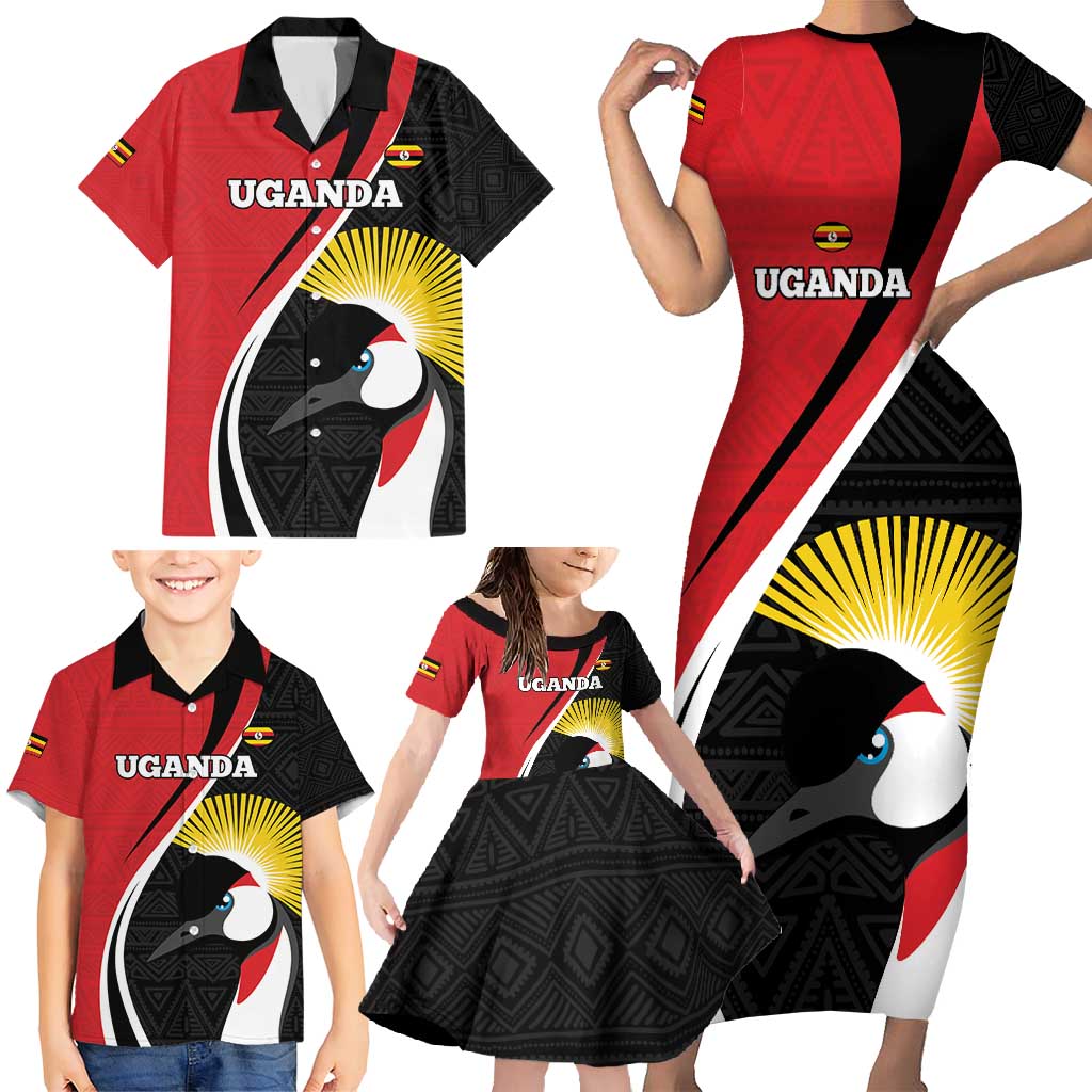 Uganda Rugby Custom Family Matching Short Sleeve Bodycon Dress and Hawaiian Shirt Go Cranes - African Pattern - Wonder Print Shop