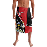 Men's red and black custom graphic lavalava shorts with diagonal panel and emblem