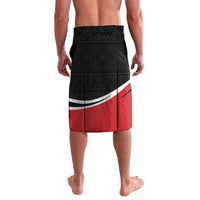 Men's black and red lavalava shorts with geometric pattern and white stripe