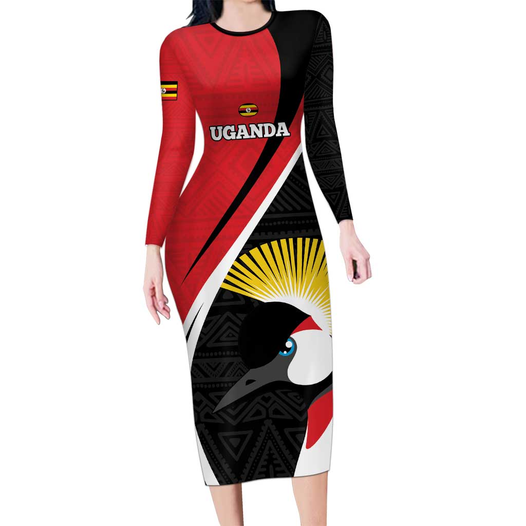 Uganda Rugby Custom Long Sleeve Bodycon Dress Go Cranes - African Pattern - Wonder Print Shop