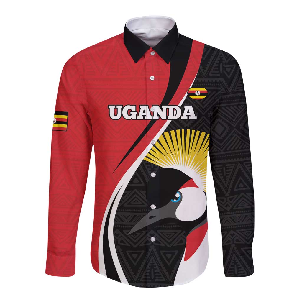 Red and black long-sleeve rugby button shirt, front Uganda logo with bird emblem