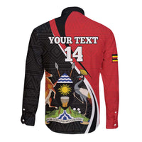 Red and black long-sleeve rugby button shirt, back print with text and number 14