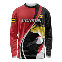 Red/black long-sleeve rugby shirt with Uganda text and bird graphic