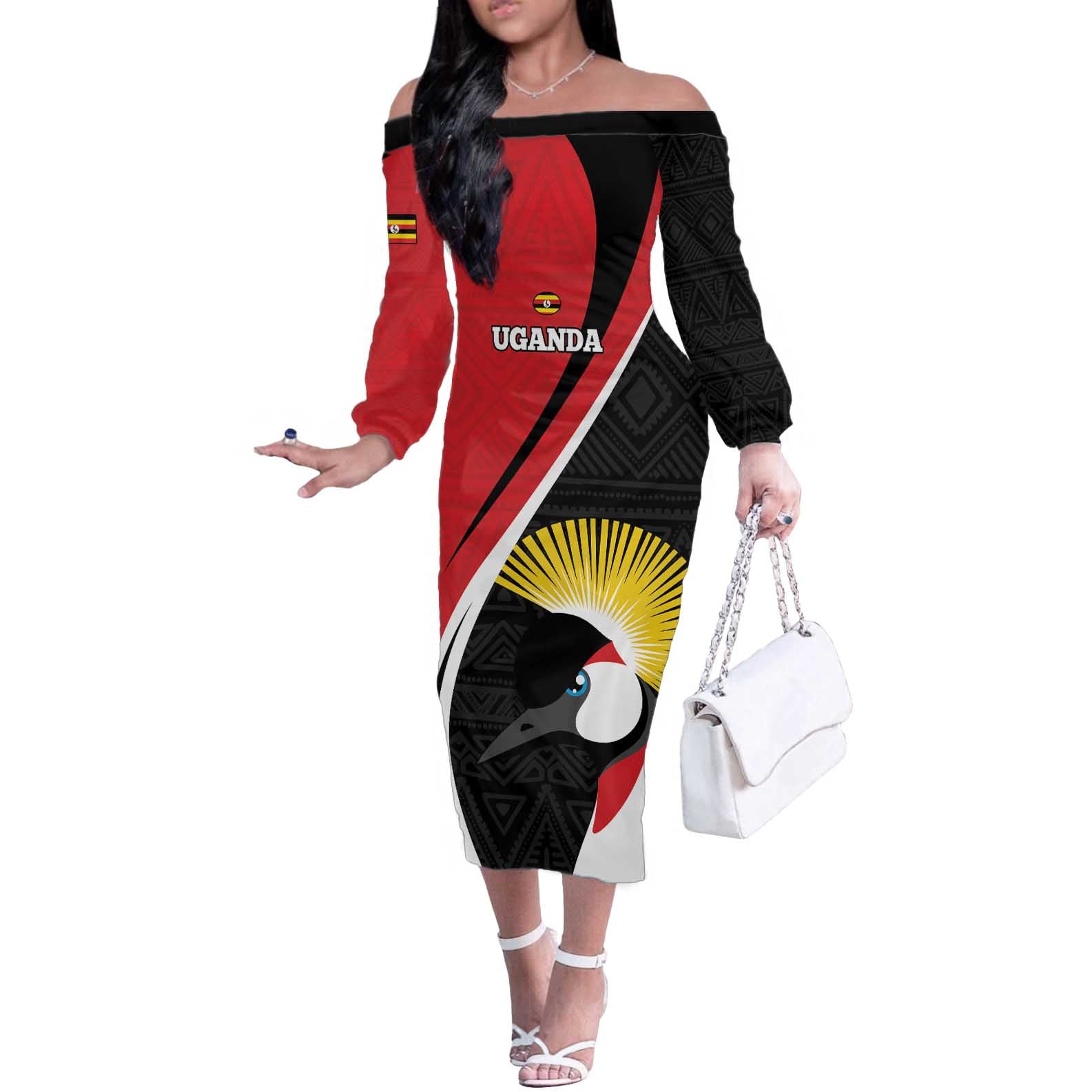 Uganda Rugby Custom Off The Shoulder Long Sleeve Dress Go Cranes - African Pattern - Wonder Print Shop