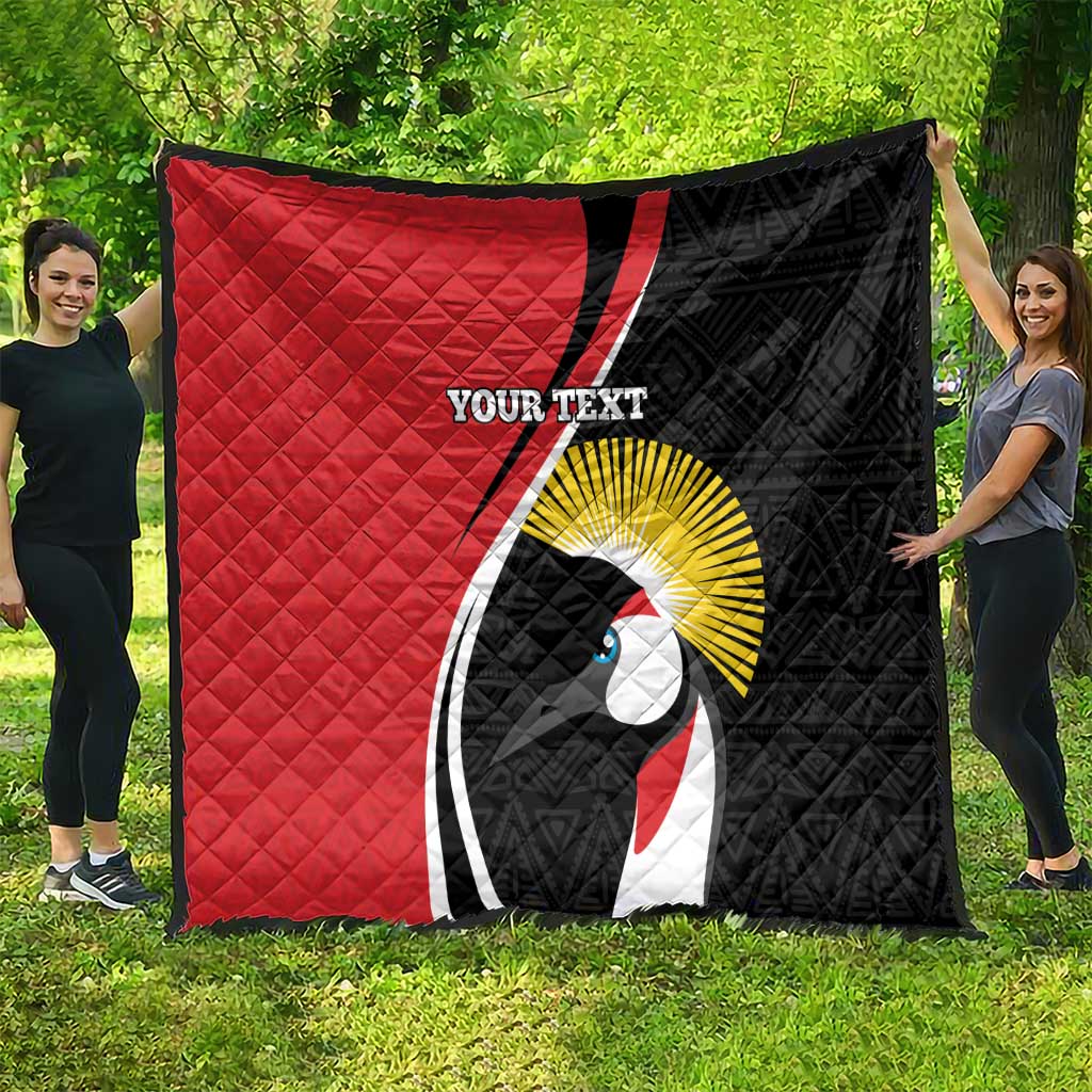 Red and black quilt featuring a crane emblem with sunburst and “YOUR TEXT”